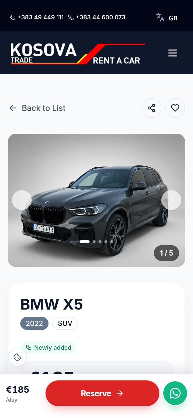 Car page on a phone, price and reserve pinned to the bottom